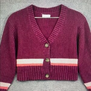 Aeropostale Maroon Ribbed V-Neck Cropped Cardigan with Pink and Coral Stripes